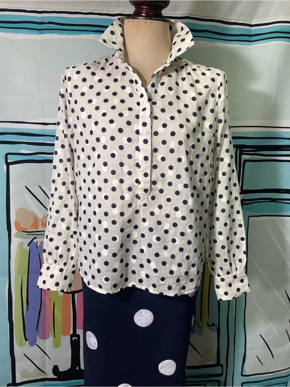 J. Crew White Blouse with Navy Polka Dots